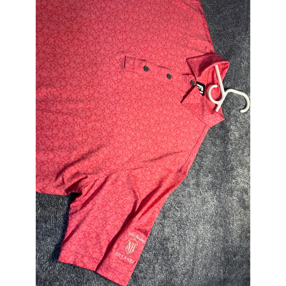 FootJoy Mens Naples Heritage 2023 Floral Golf Polo Shirt Coral Pink Large - Picture 3 of 9